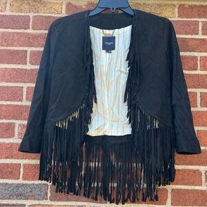 Gryphon NY Womens Leather Western Fringe Open Front Cropped Jacket Black Small